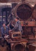 Johannes Martini Fruhstuck in der Lokomotivwerkstatte, oil painting on canvas